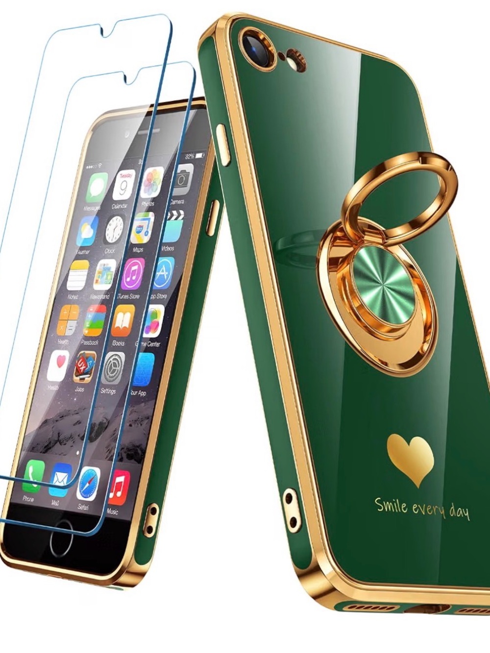 ☎️Luxury Green&Gold iPhone 6/6s Case with Rotating Ring Holder& screen protector